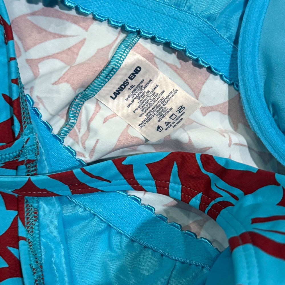 Lands End Womens Floral Tankini Swim Top Blue Burgundy Tropical Adjustable 14L - Picture 2 of 3